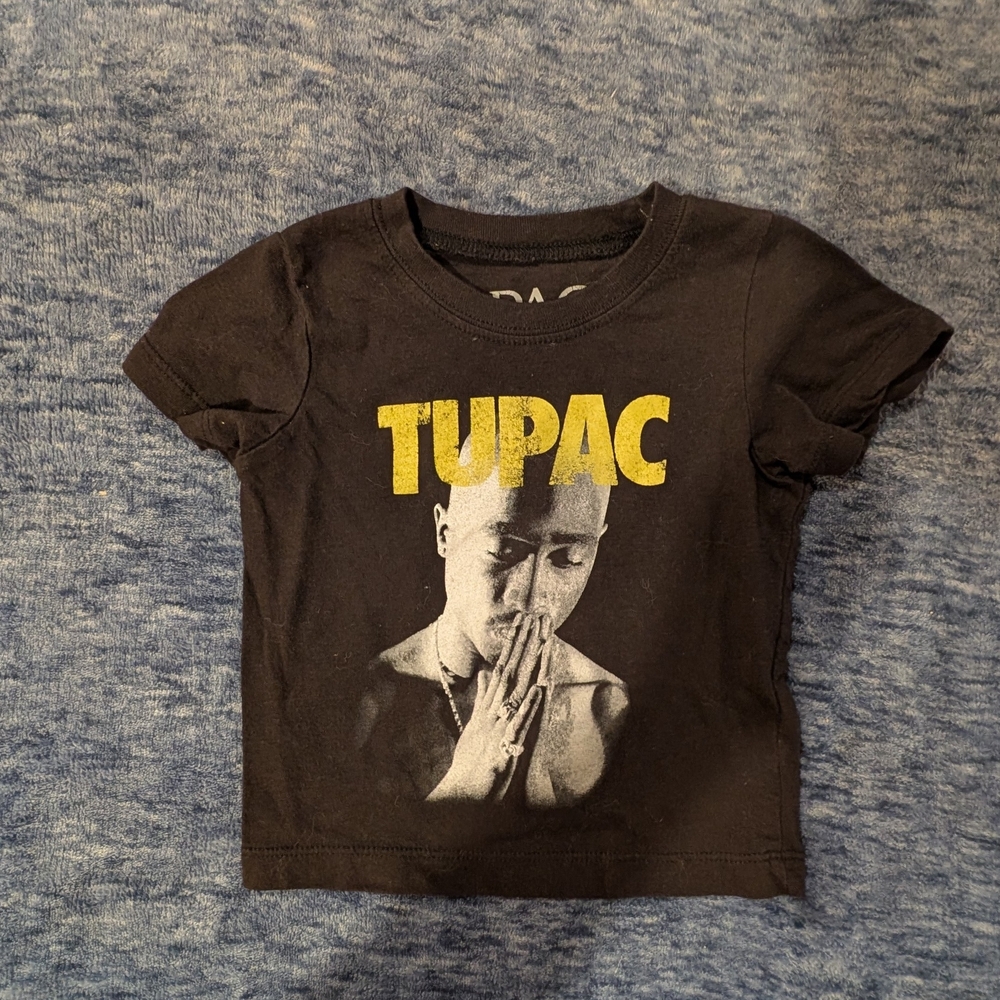 2Pac 12M Black Graphic Kids Tee with Yellow 'TUPAC' Print
